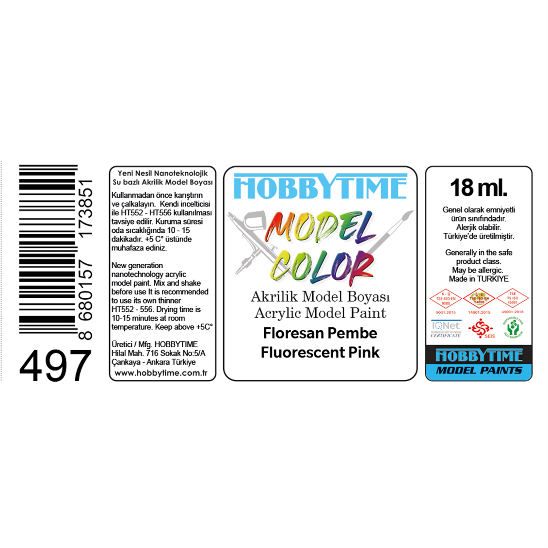 Hobbytime 497 18 ml. Florescent Pink (Fluo. Pink), Acrylmodellfarbe