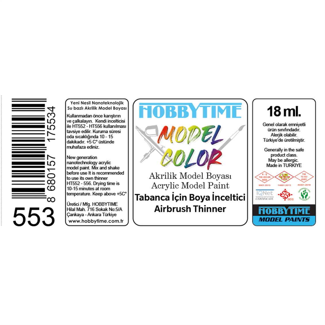 Hobbytime 553 18 ml. Tabanca için Boya İnceltici (Airbrush Thinner)
