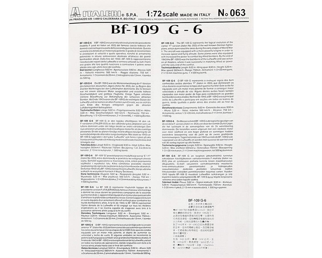 Italeri 0063S 1/72 BF-109 G-6 Savaş Uçağı Demonte Plastik Maketi