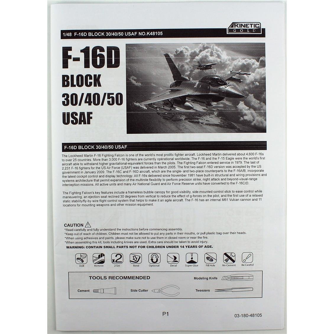 Kinetic K48105 1/48 F-16D Block 30/40/50 USAF Savaş Uçağı, Plastik Model Kiti