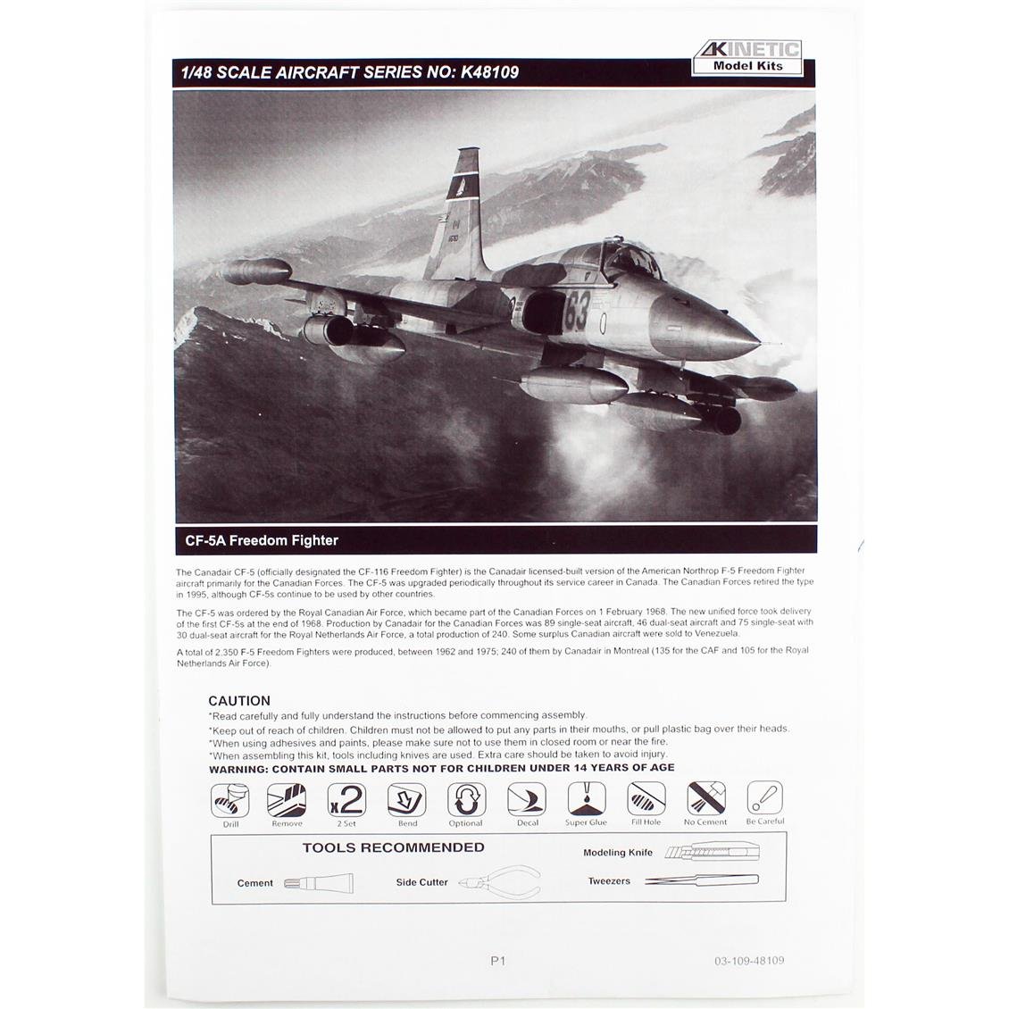 Kinetic K48109 1/48 CF-5A Freedom Fighter Savaş Uçağı, Plastik Model Kiti