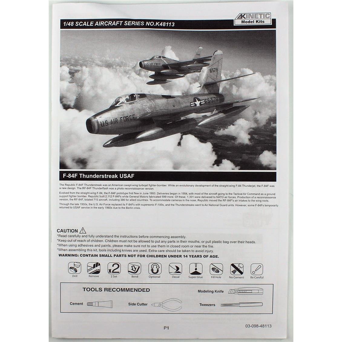 Kinetic K48113 1/48 F-84F Thunderstreak USAF Savaş Uçağı, Plastik Model Kiti