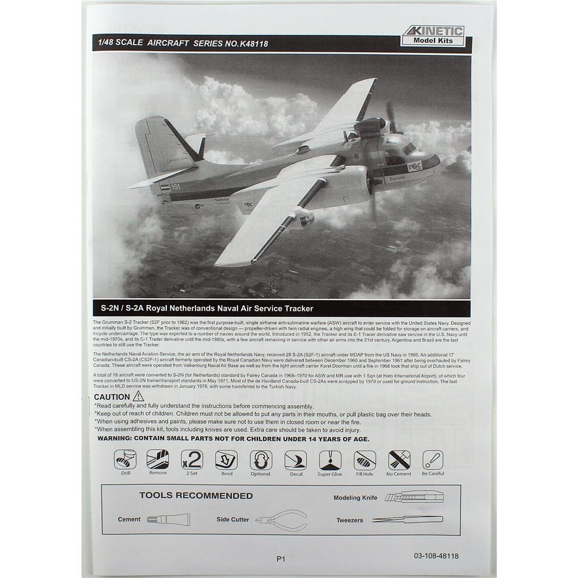 Kinetic K48118 1/48 S-2N, S-2A Tracker (Royal Netherlands Naval Air Service) Savaş Uçağı, Plastik Model Kiti