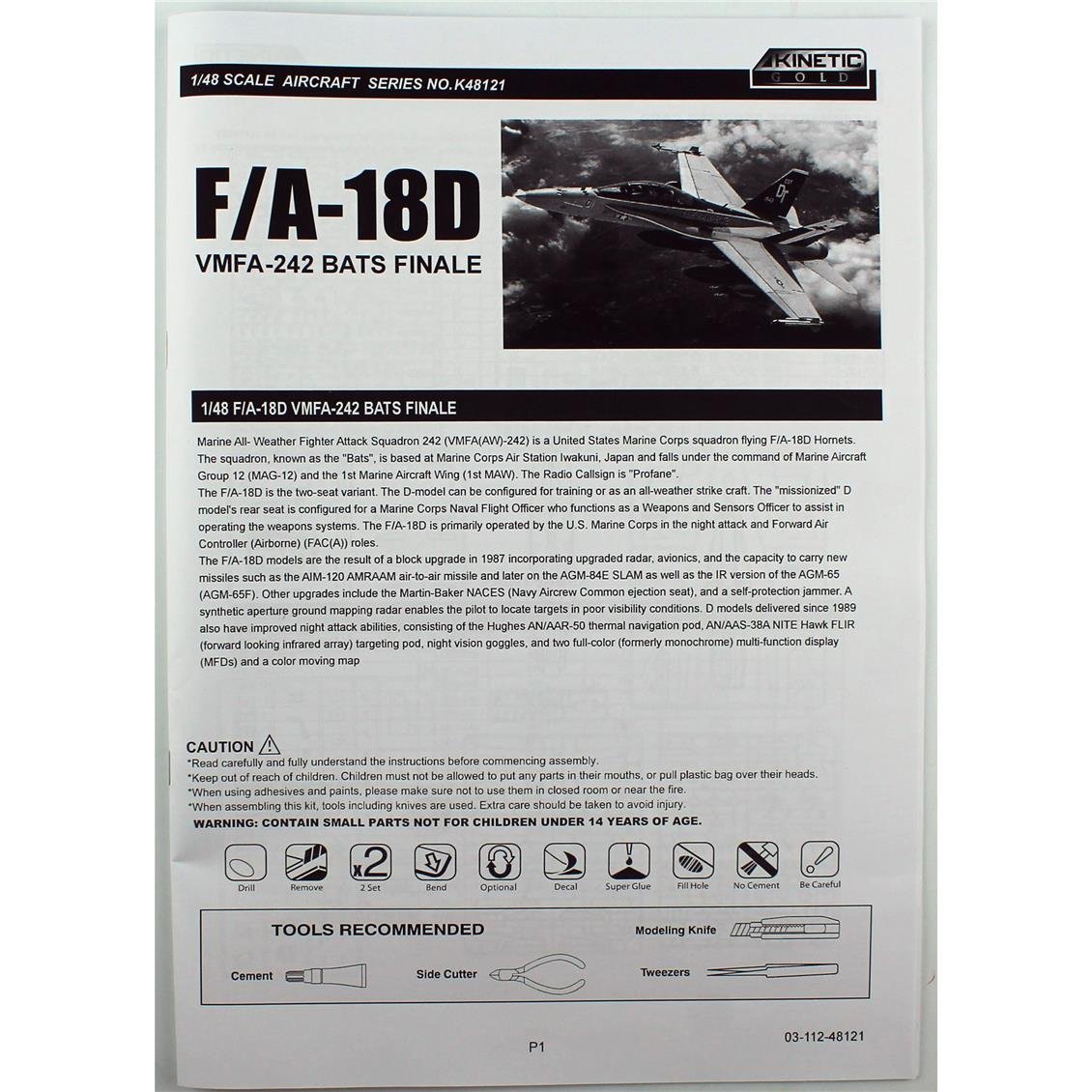 Kinetic K48121 1/48 F/A-18 D Hornet (USMC VFMA-225 w/MF) Savaş Uçağı, Plastik Model Kiti