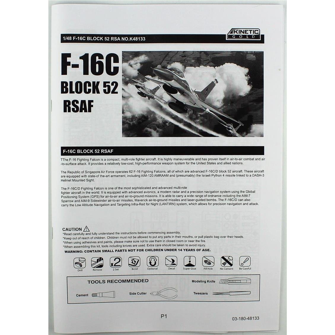 Kinetic K48133 1/48 F-16C Block 52 (Black Knights-Republic of Singapore Air Force) Savaş Uçağı, Plastik Model Kiti