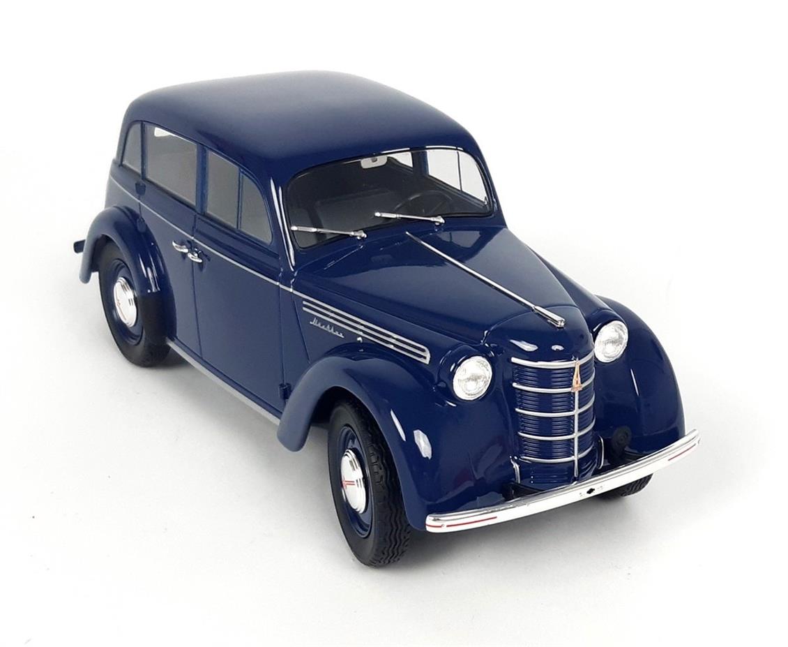 KKscale 180256 1/18 1954 Moskvich 400-420, Koyu Mavi, Sergilemeye Hazır Metal Araba Modeli