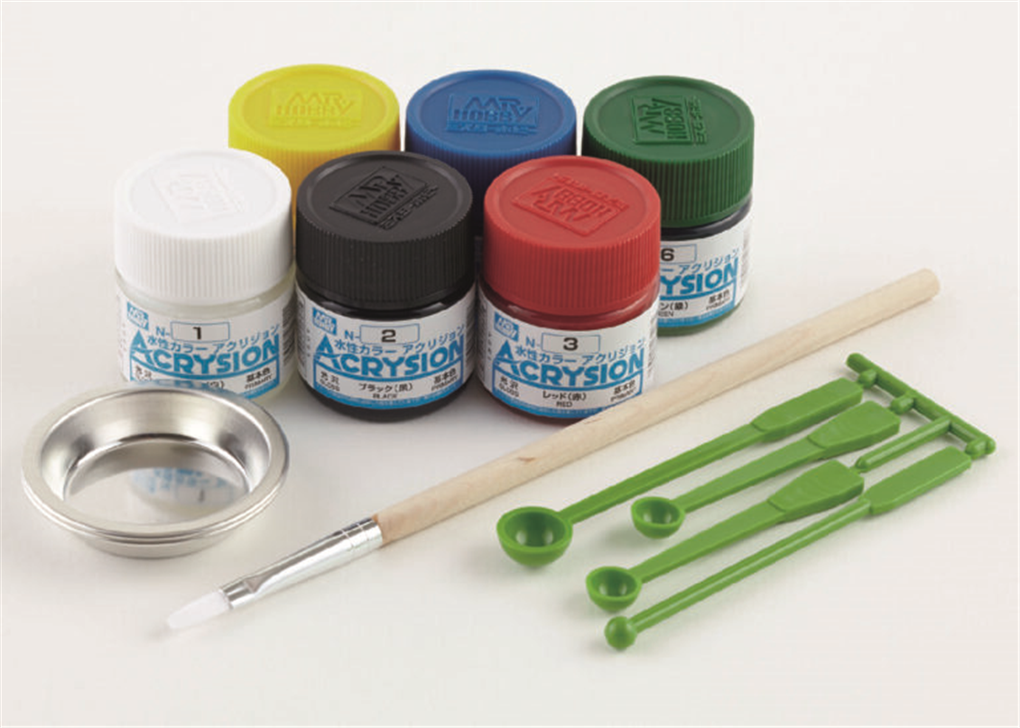Mr.Hobby NS-30 6x10 ml.Acrysion Starter Set, Fırça, 2xBoyama Tepsisi ve Karıştırma Çubukları