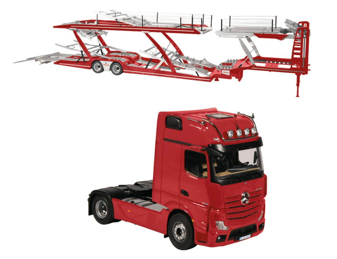 NZG 1025/10 1/18 Scale, LOHR 6-Pack Vehicle Transport Trailer (Red) and Mercedes-Benz Actros Tractor (Red), Metal Model Ready for Display