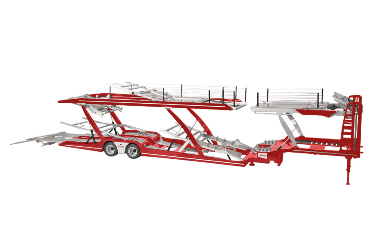 NZG 1025/10 1/18 Scale, LOHR 6-Pack Vehicle Transport Trailer (Red) and Mercedes-Benz Actros Tractor (Red), Metal Model Ready for Display