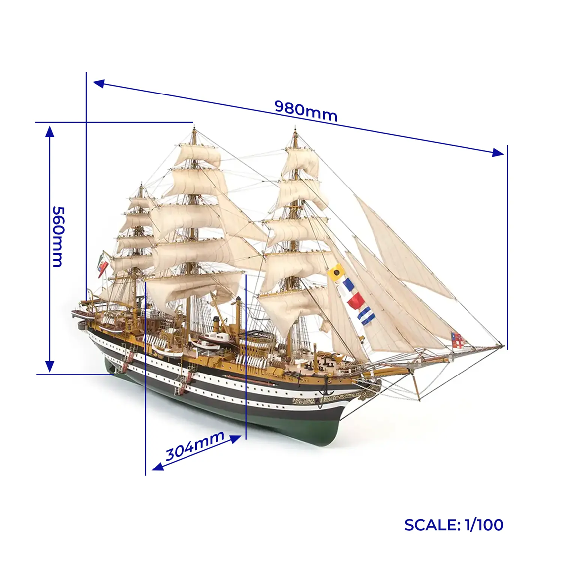 Occre 15006 1/100 Scale, Amerigo Vespucci, 98 cm. Sailing Italian Military Training Ship, Wooden Model Kit