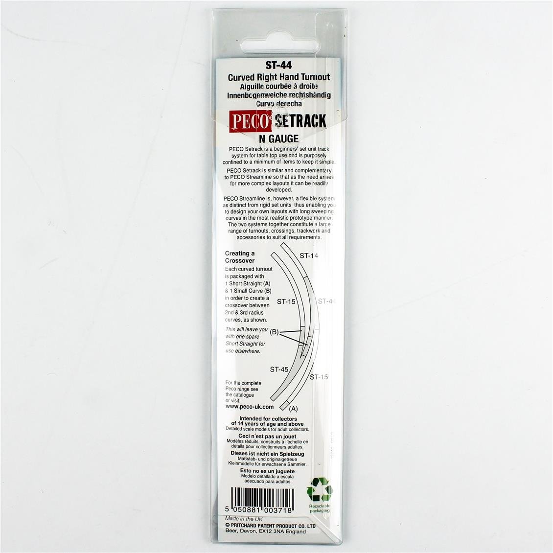 Peco ST-44 Code 80 1/160 Ölçek, 156 mm. Çap, Sağa Dönüşlü Makas, Model Tren Rayı