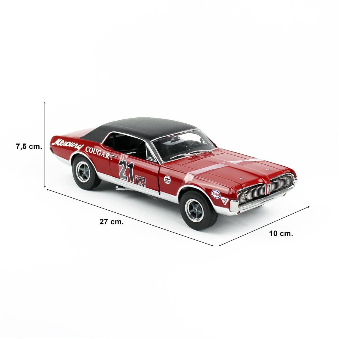 Sunstar 1583R 1/18 Ölçek, 1967 Mercury Cougar Racing-21, Marty Beaulieu, Kırmızı, Sergilemeye Hazır Metal Araba Modeli