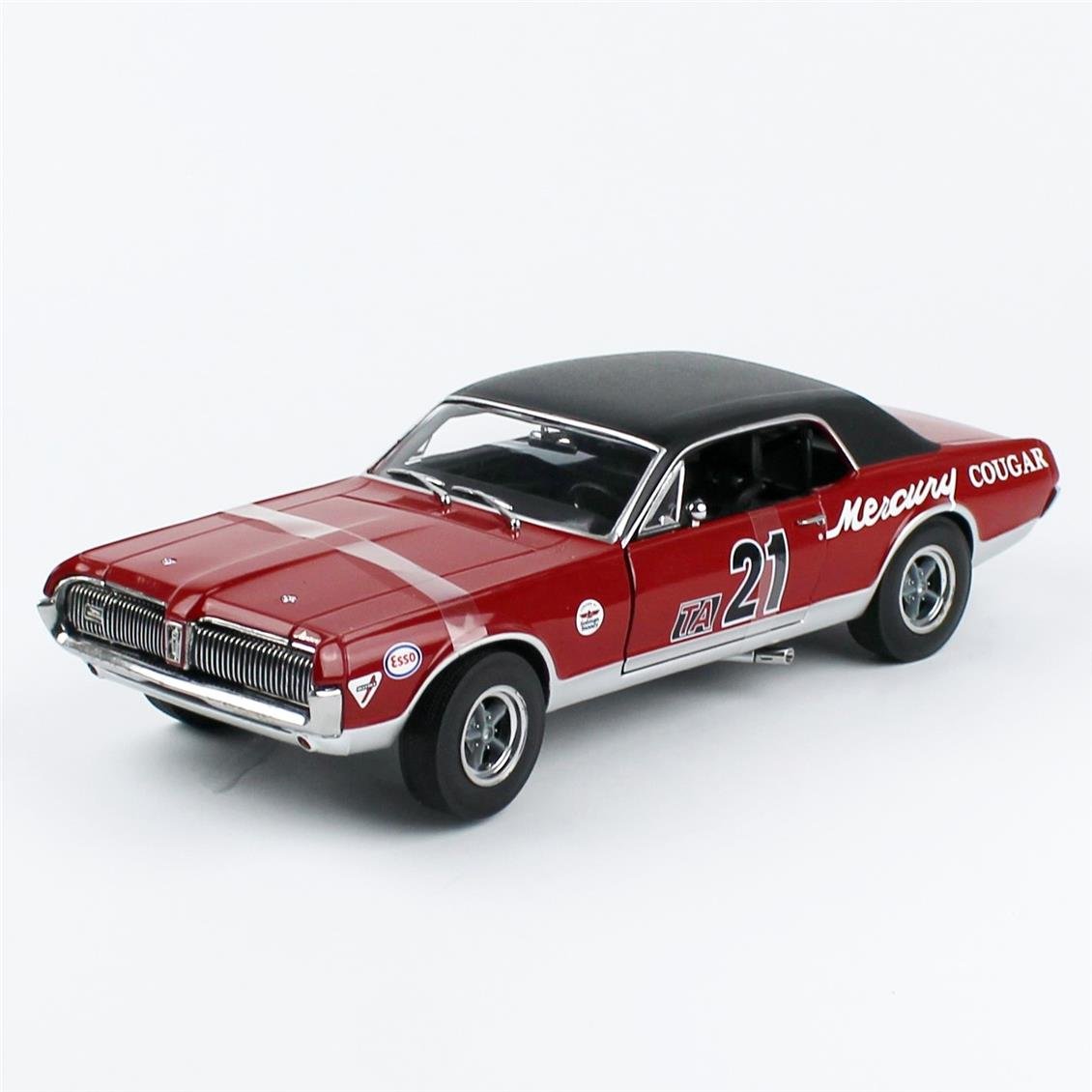 Sunstar 1583R 1/18 Ölçek, 1967 Mercury Cougar Racing-21, Marty Beaulieu, Kırmızı, Sergilemeye Hazır Metal Araba Modeli