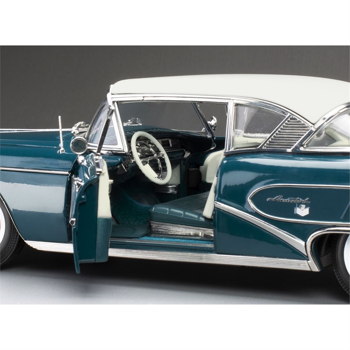Sunstar 4808 1/18 Ölçek, 1958 Buick Limited Riviera Coupe-Glacier, Koyu Turkuaz/Buz Beyazı, Sergilemeye Hazır Metal Araba Model