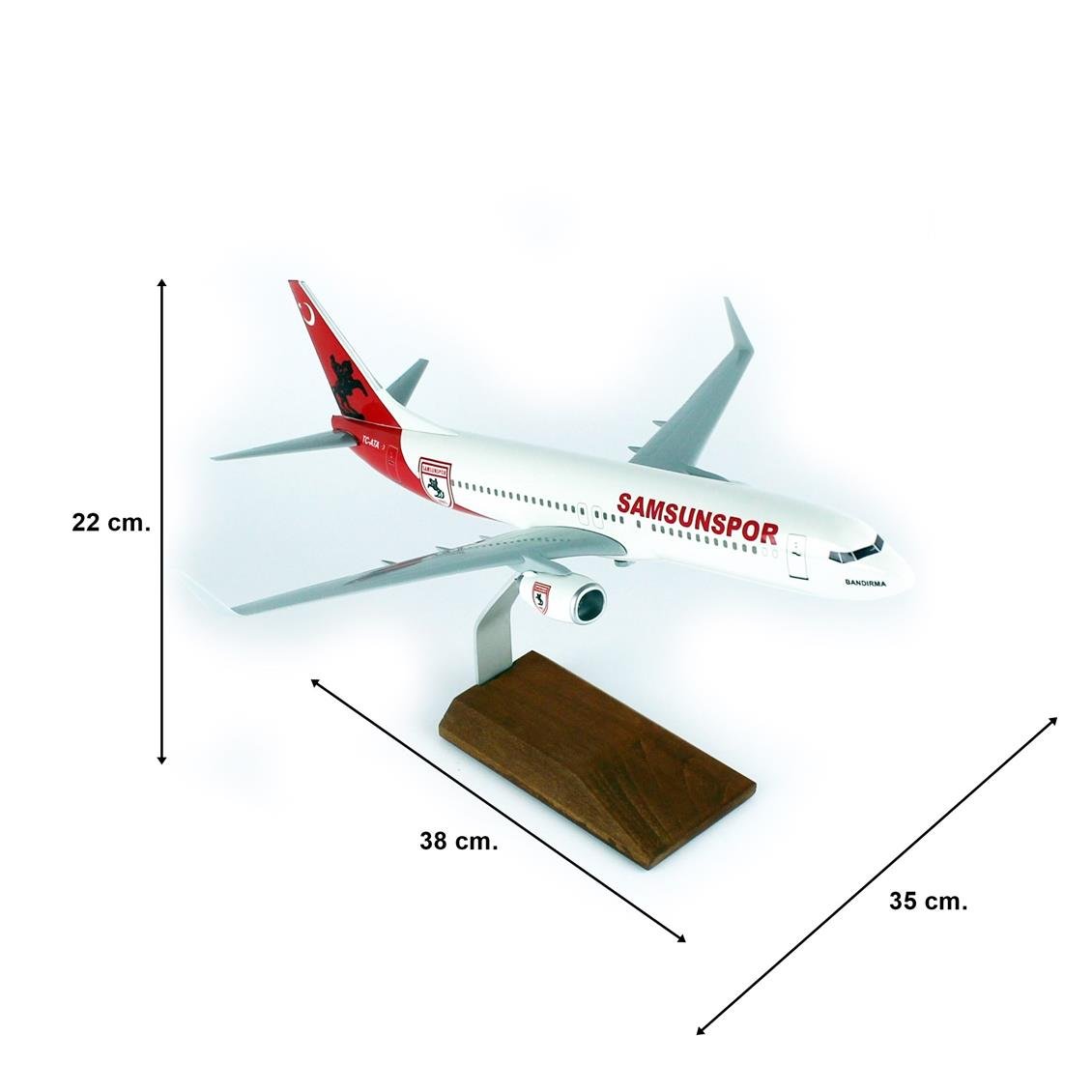 THY012 1/100 Ölçek, THY Samsun Spor Logolu B737-800 Yolcu Uçağı, Sergilemeye Hazır Ahşap Standlı Model