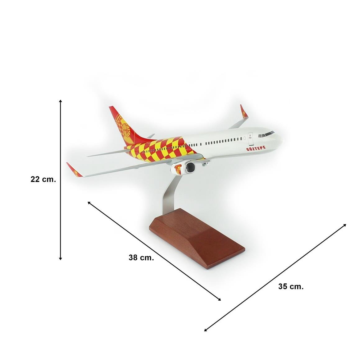 THY035 1/100 Ölçek, THY Göztepe Spor Logolu B737-800 Yolcu Uçağı, Sergilemeye Hazır Ahşap Standlı Model