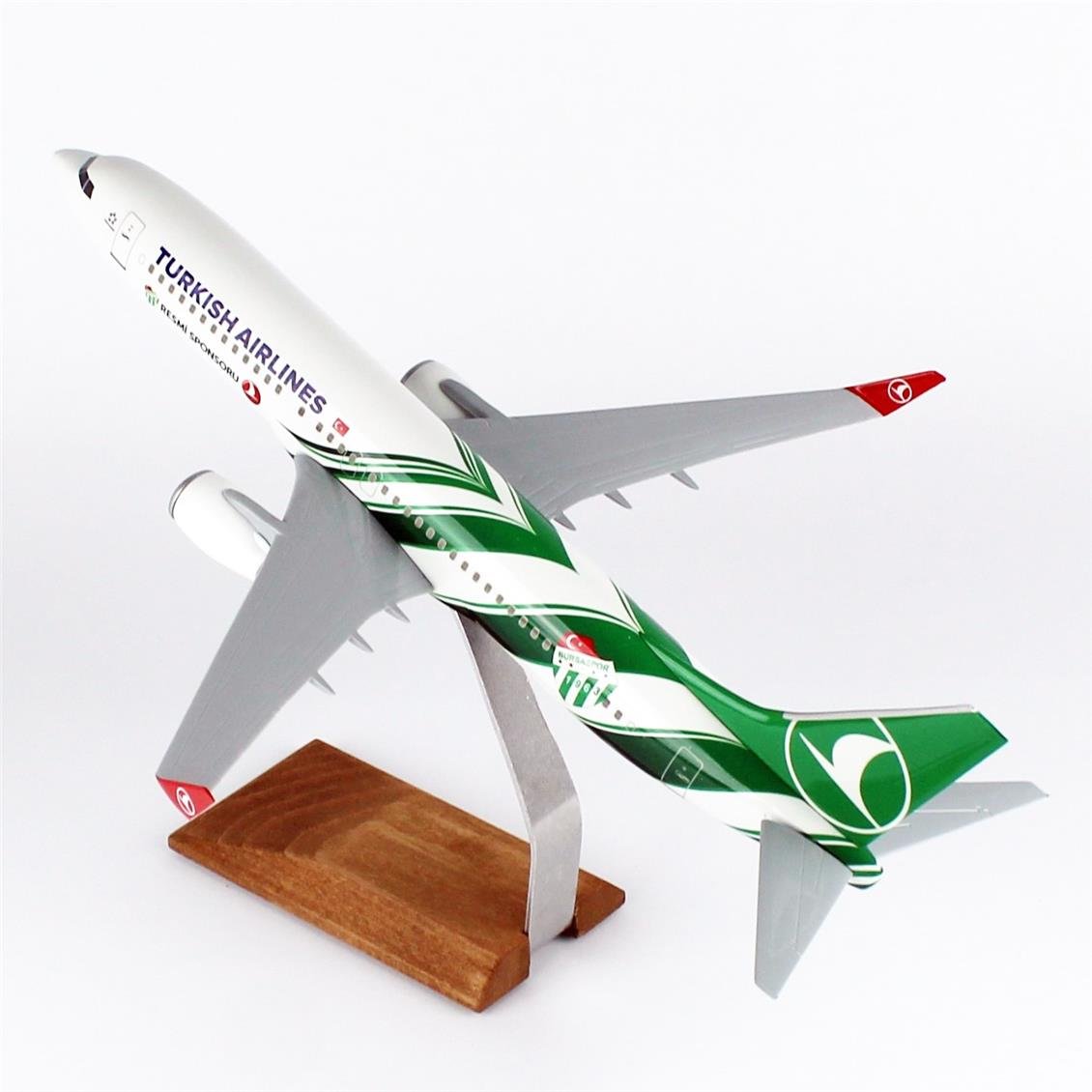 THY039 1/100 Ölçek, THY Bursa Spor Logolu B737-800 Yolcu Uçağı, Sergilemeye Hazır Ahşap Standlı Model