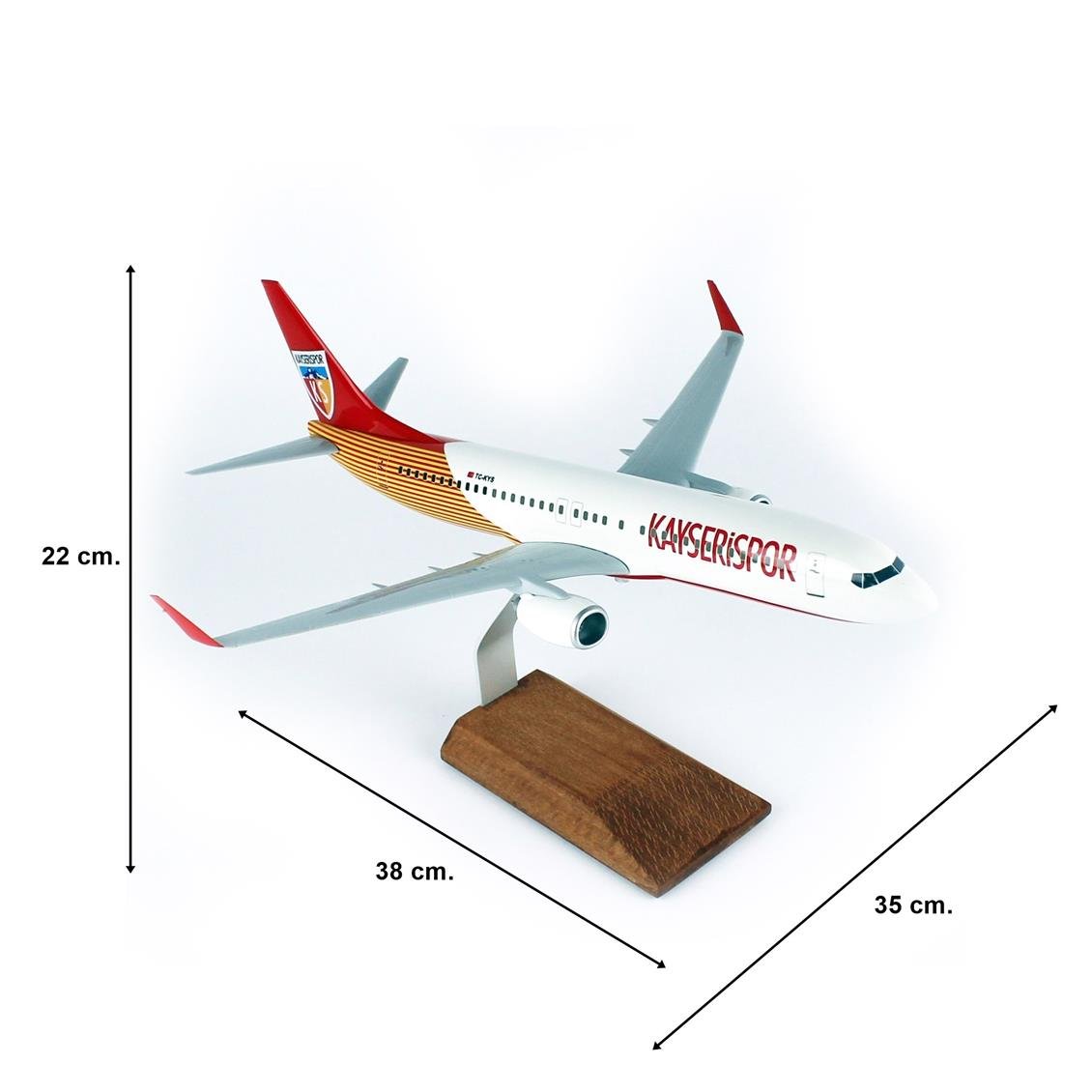 THY040 1/100 Ölçek, THY Kayseri Spor Logolu B737-800 Yolcu Uçağı, Sergilemeye Hazır Ahşap Standlı Model
