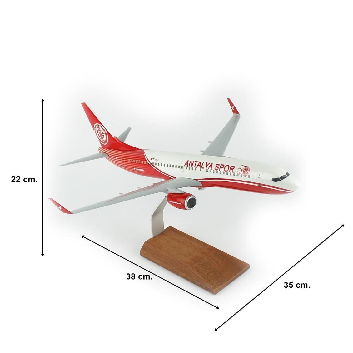 THY047 1/100 Ölçek, THY Antalya Spor B737-800 Yolcu Uçağı, Sergilemeye Hazır Ahşap Standlı Model