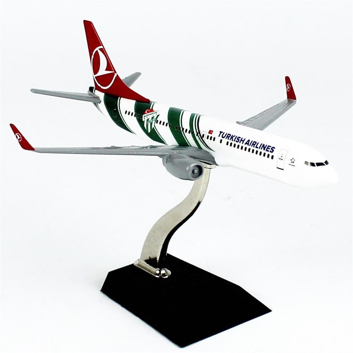 THY058 1/250 Ölçek,  Boeing B737-800, Bursaspor Logolu, Metal Yolcu Uçağı, Sergilemeye Hazır Standlı Model