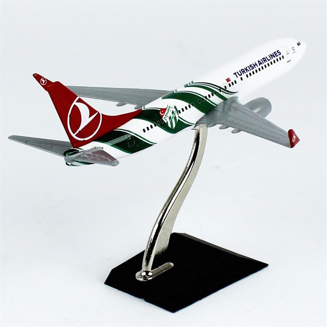 THY058 1/250 Ölçek,  Boeing B737-800, Bursaspor Logolu, Metal Yolcu Uçağı, Sergilemeye Hazır Standlı Model