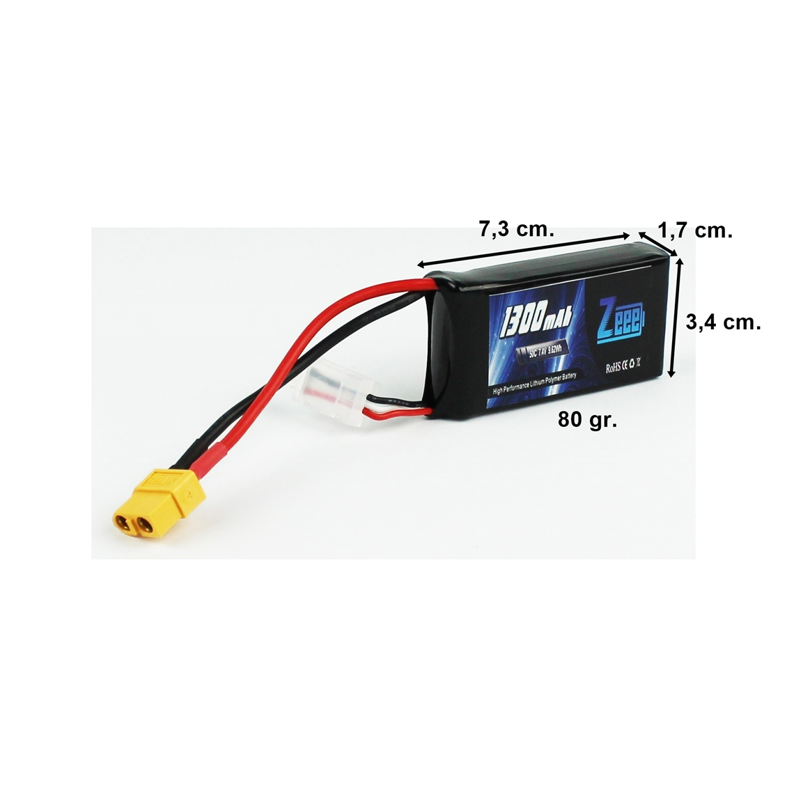 Zeee Power 2S, 7.4 Volt, 1300 mAh, 50C, XT60 Fişli, Li-Po Pil