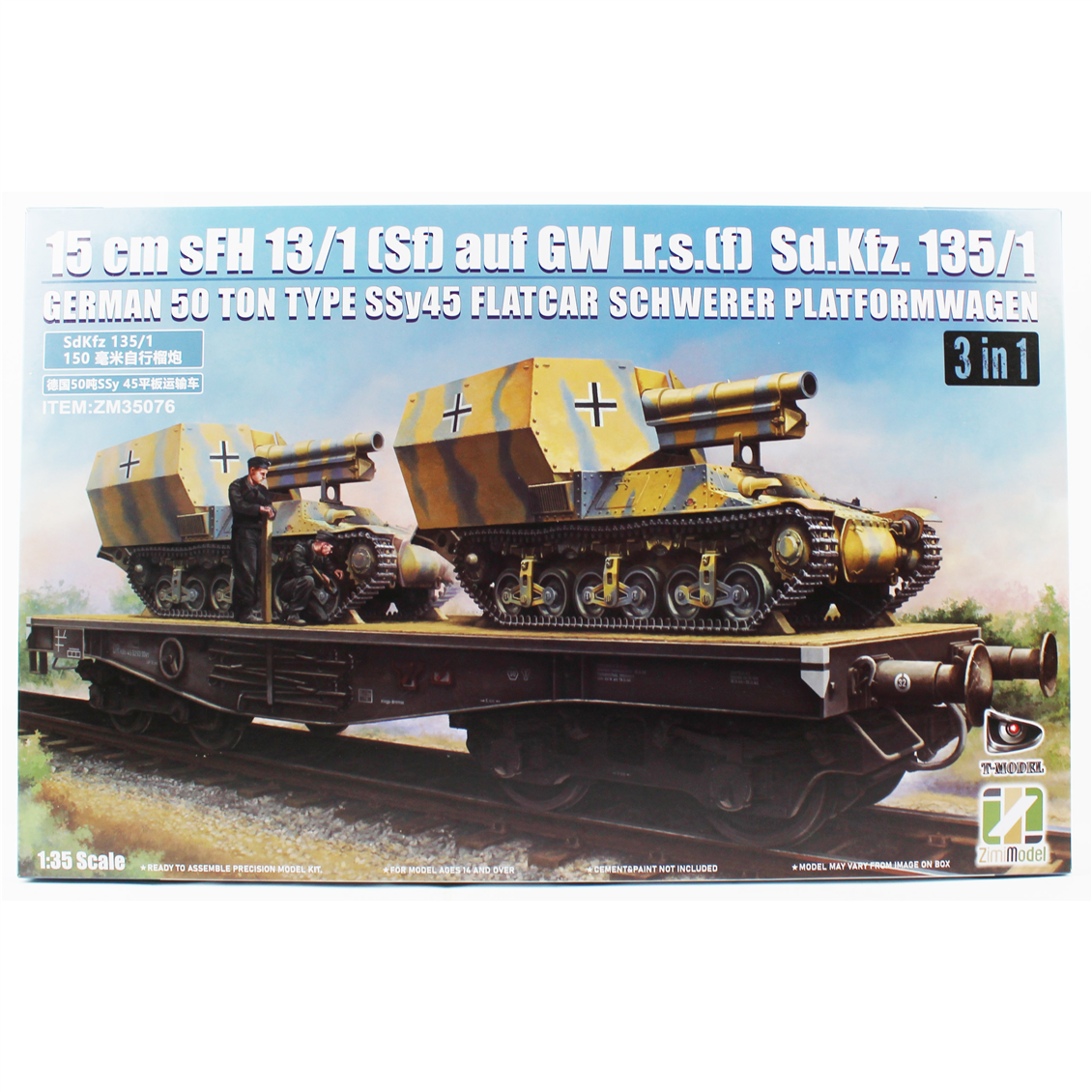 Zimi 35076 1/35 Ölçek, Düz Kasa Yük Wagonu ve 2 Adet 15 cm sFH 13/1 toplu Sd.Kfz.135/1, 3 lü Set, Plastik Model Kiti