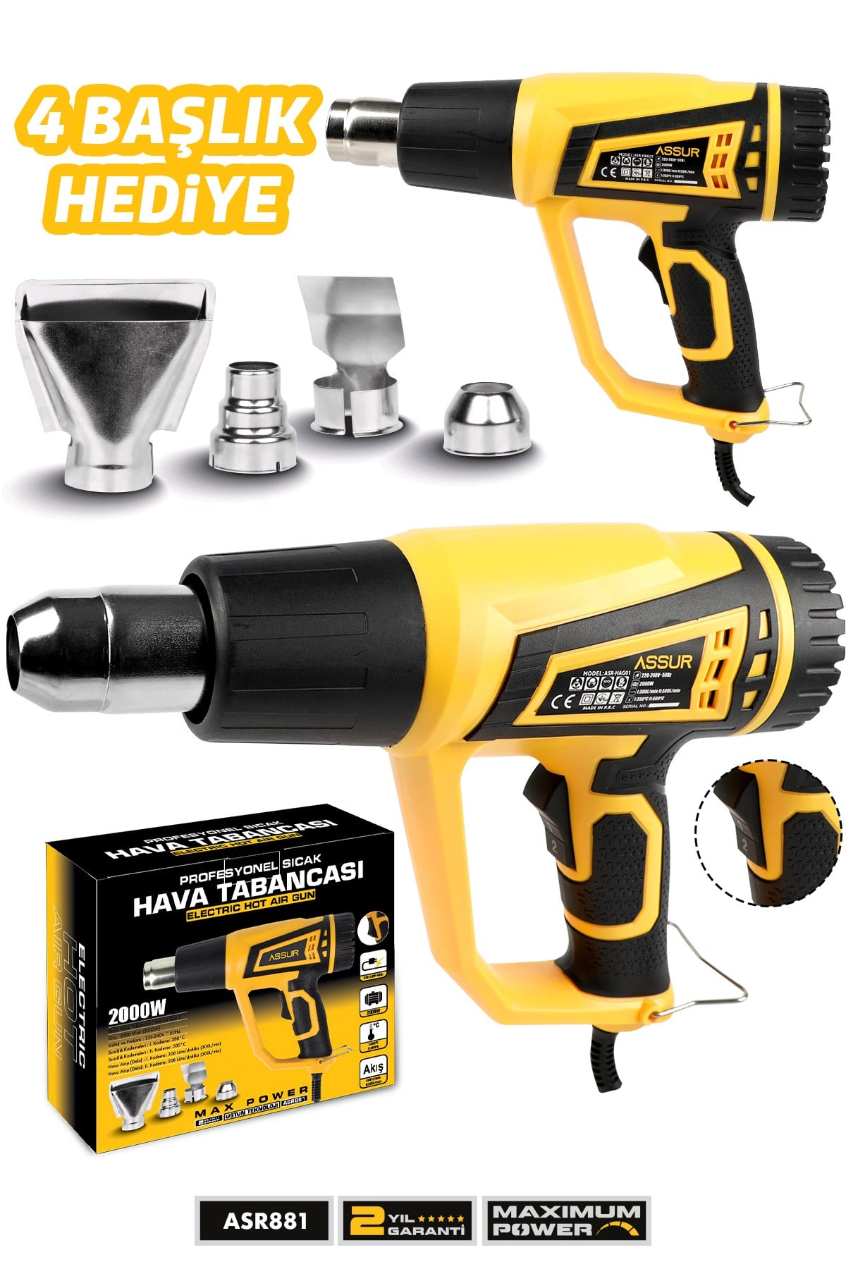 2000 Watt 2 Kademeli 4 Başlıklı Sıcak Hava Tabancası