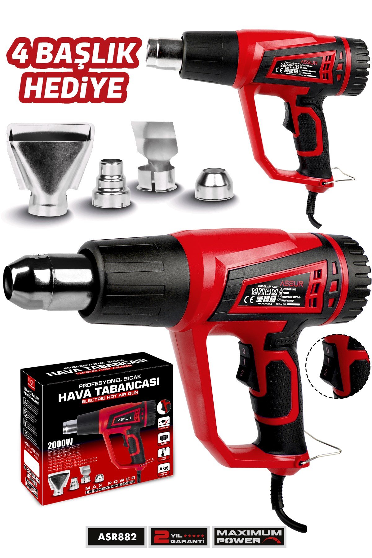 2000 Watt 2 Kademeli 4 Başlıklı Sıcak Hava Tabancası
