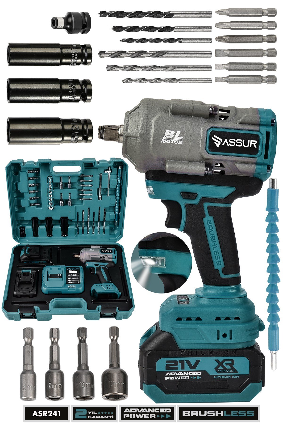 21V 1100 NM Torklu Çift Akülü 10 Pilli 1/2 Mavi Şarjlı Somun Sıkma Sökme Makinesi