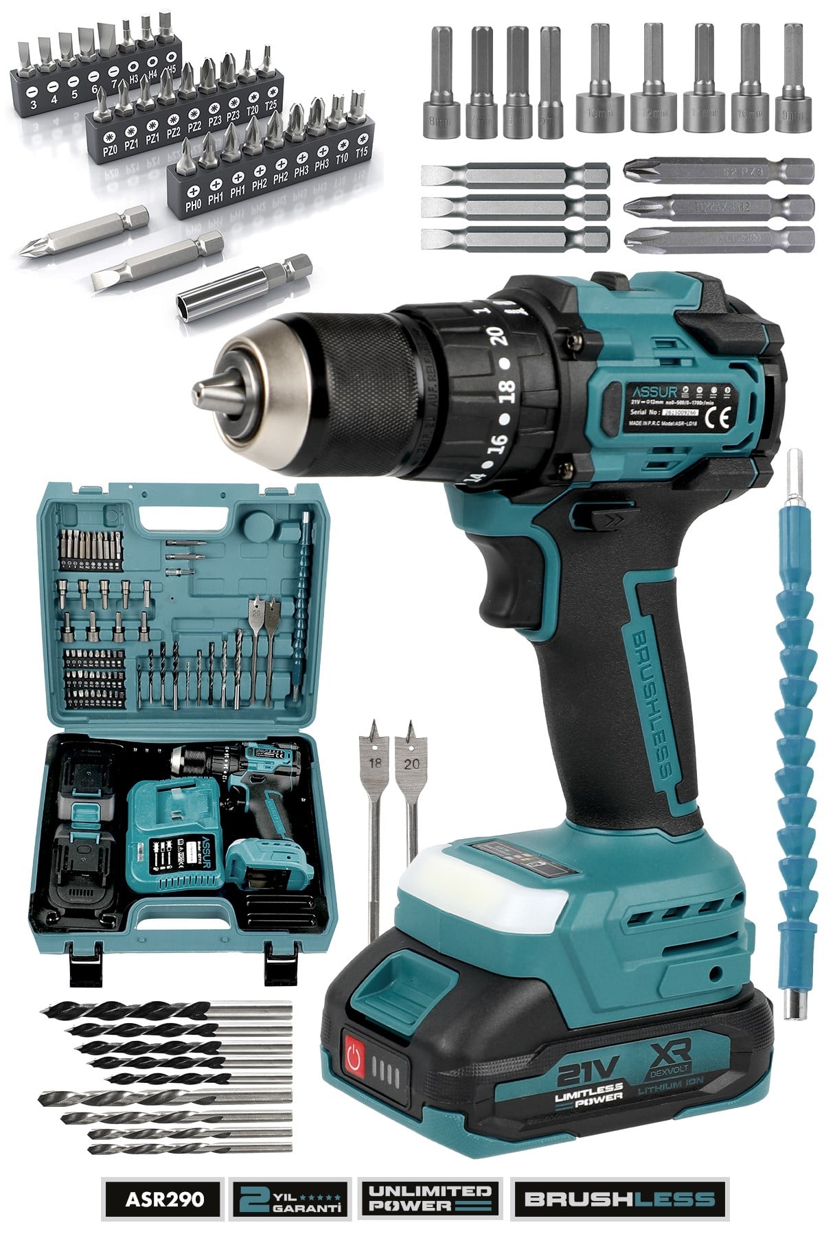 21V Çift Akülü Kömürsüz Motor 13mm Çelik Mandren Şarjlı Darbeli Matkap