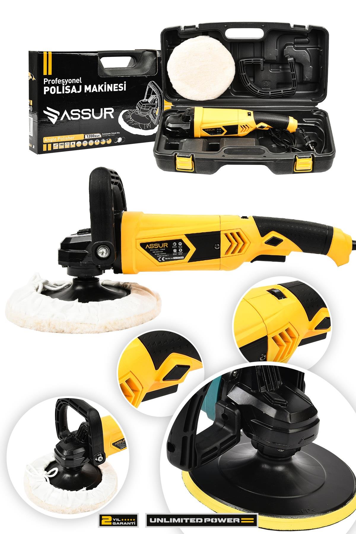 Assur 1200W Polisaj 6 Kademeli 180mm Pasta Cila Kiti Sarı