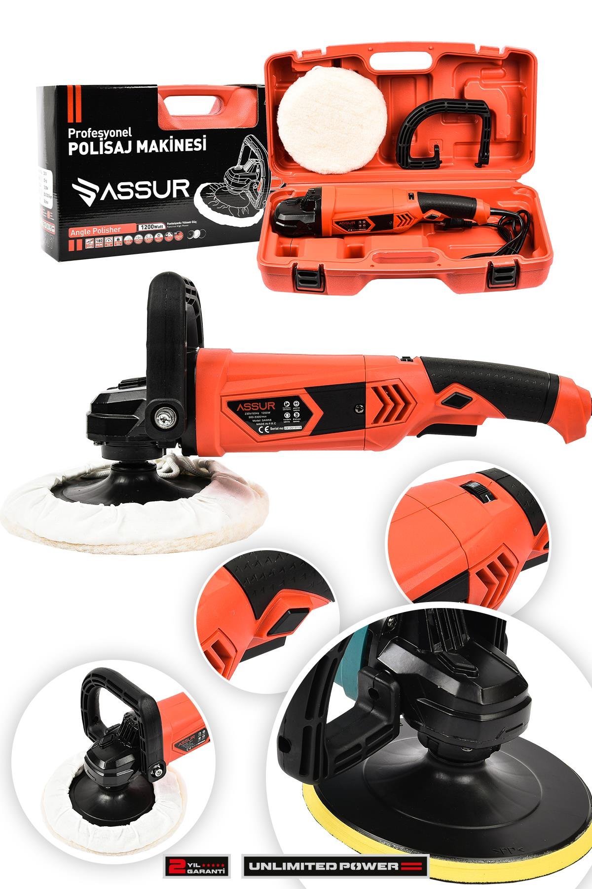 Assur 1200W Polisaj Makinesi Devir Ayarlı 180mm Pasta Cila Kiti Kırmızı