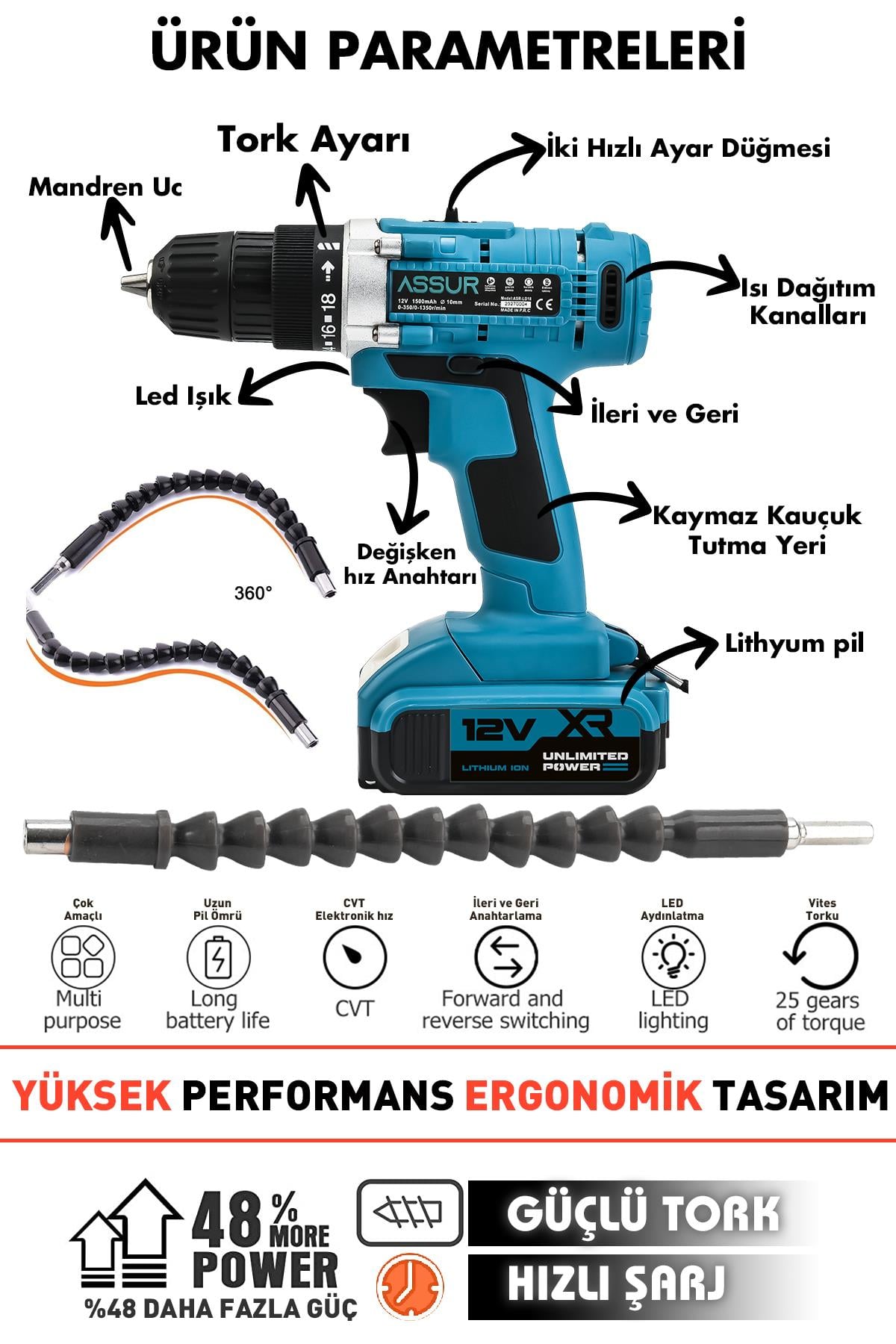 Assur 12V 1.5Ah Çelik Şanzıman Bakır Sargılı Şarjlı Matkap Vidalama  Çift Akülü 24 Parça