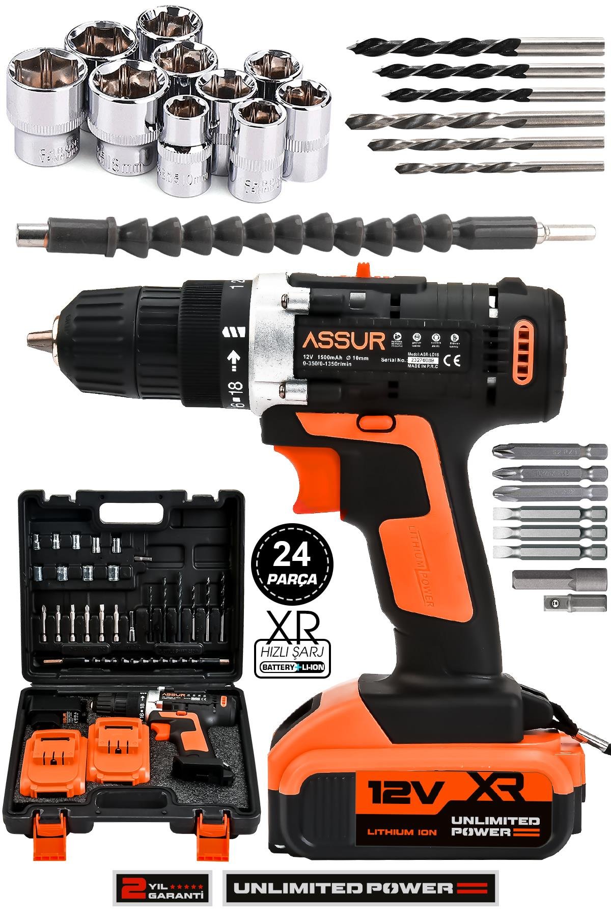 Assur 12V 1.5Ah Çelik Şanzıman Bakır Sargılı Çift Akülü Şarjlı Matkap Vidalama 24 Parça