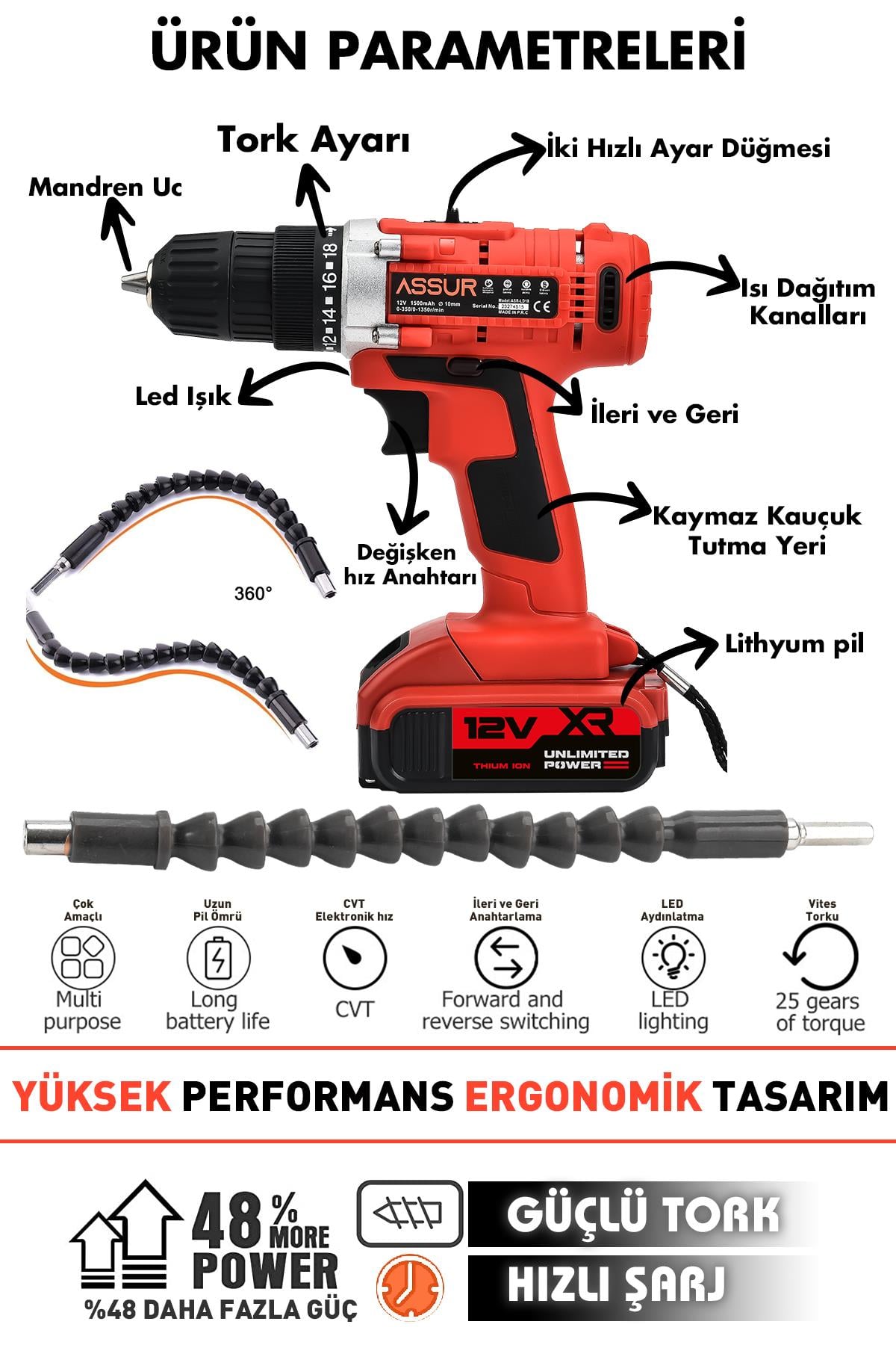 Assur 12V 1.5Ah Çelik Şanzıman Bakır Sargılı Çift Akülü Şarjlı Matkap Vidalama 24 Parça