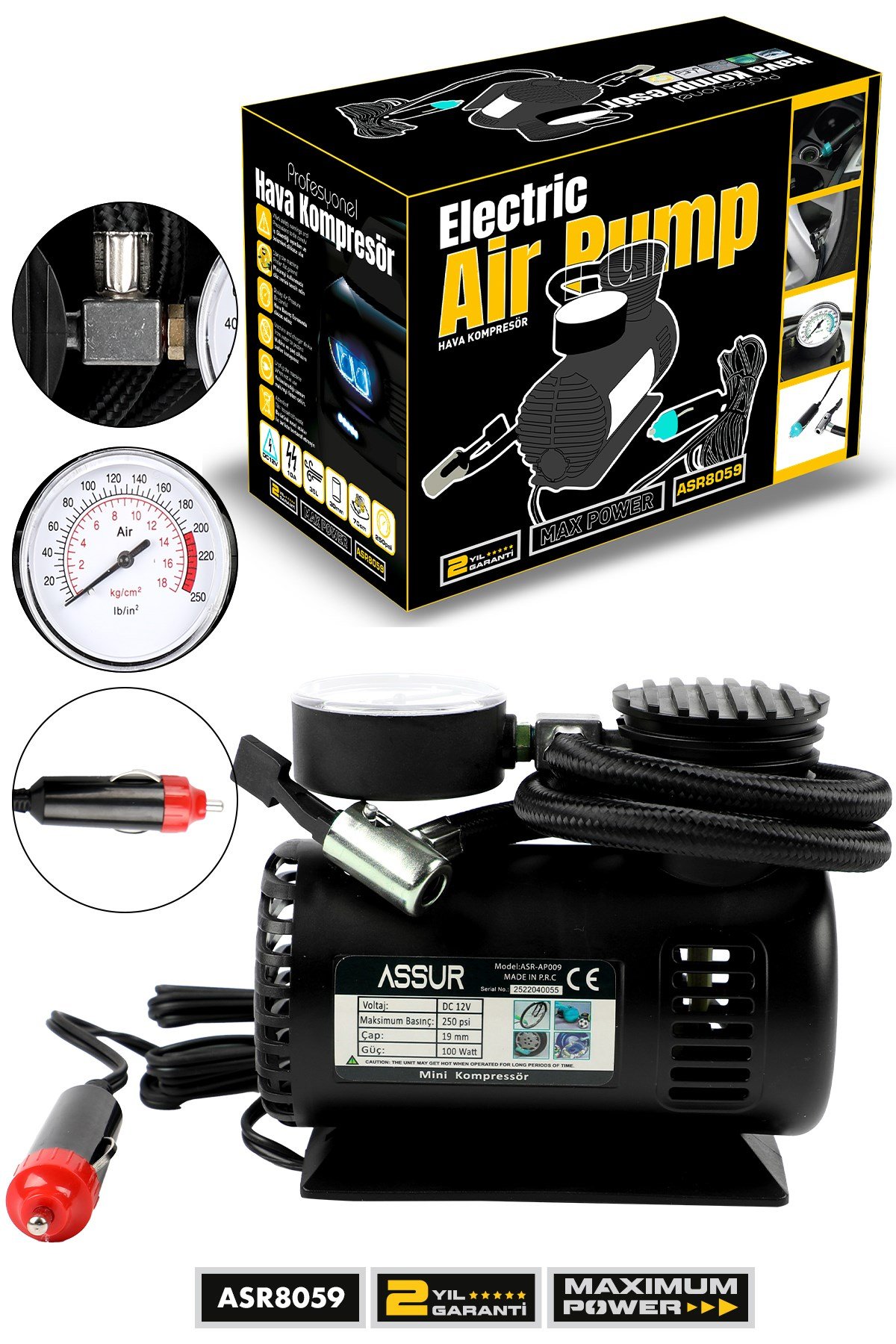 Assur 12v Çakmaklık Girişli 250 psi Mini Hava Kompresörü