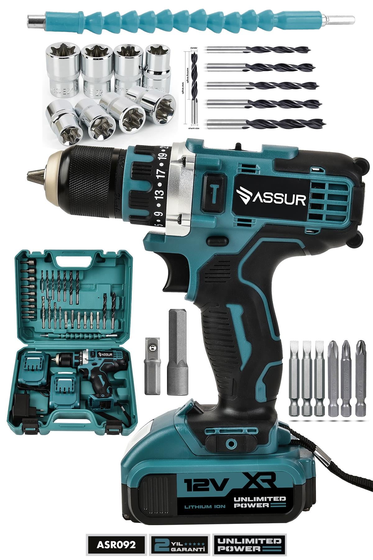 Assur 12V Çift Akülü Vidalama Çelik Mandren Bakır Sargılı Şarjlı Matkap