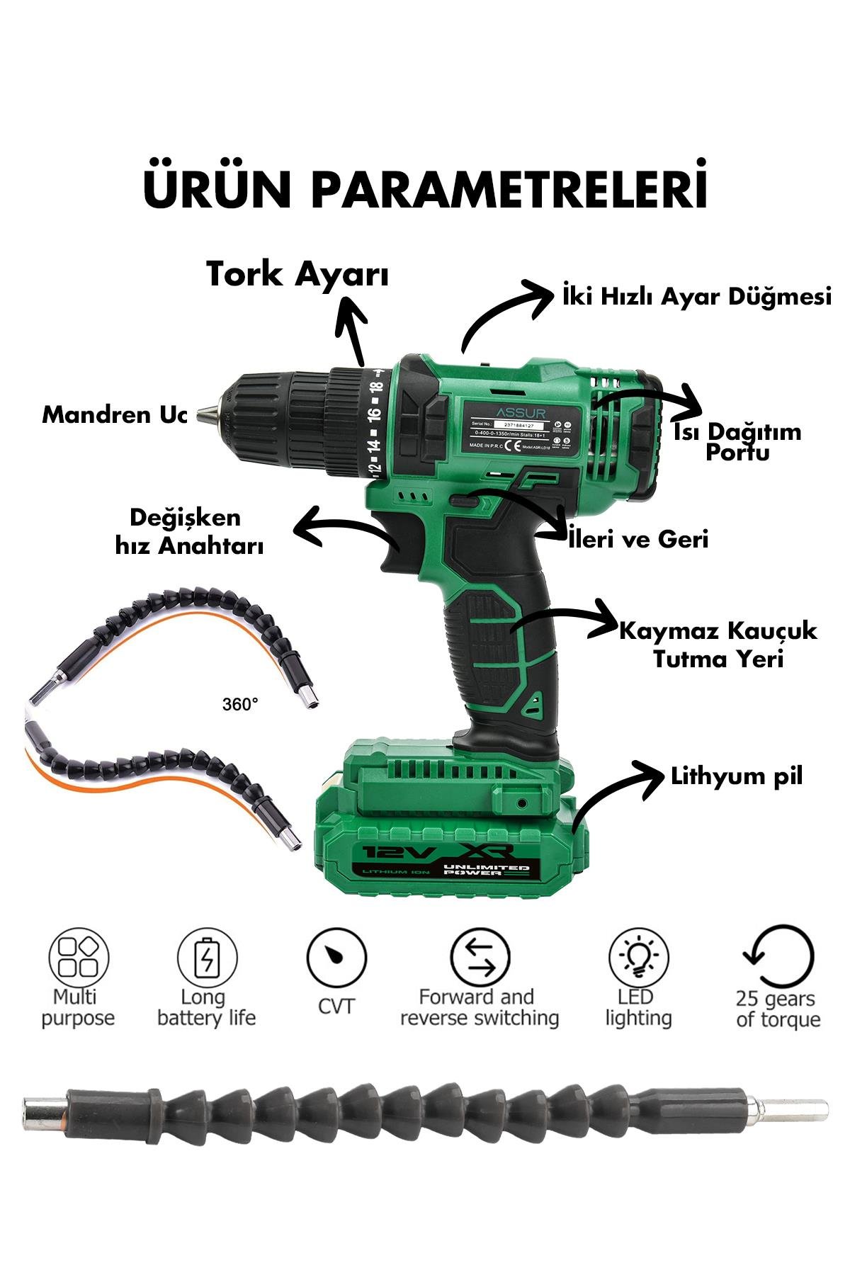 Assur 12V Metal Şanzıman Çift Akülü Bakır Sargı Şarjlı Matkap Akülü Vidalama