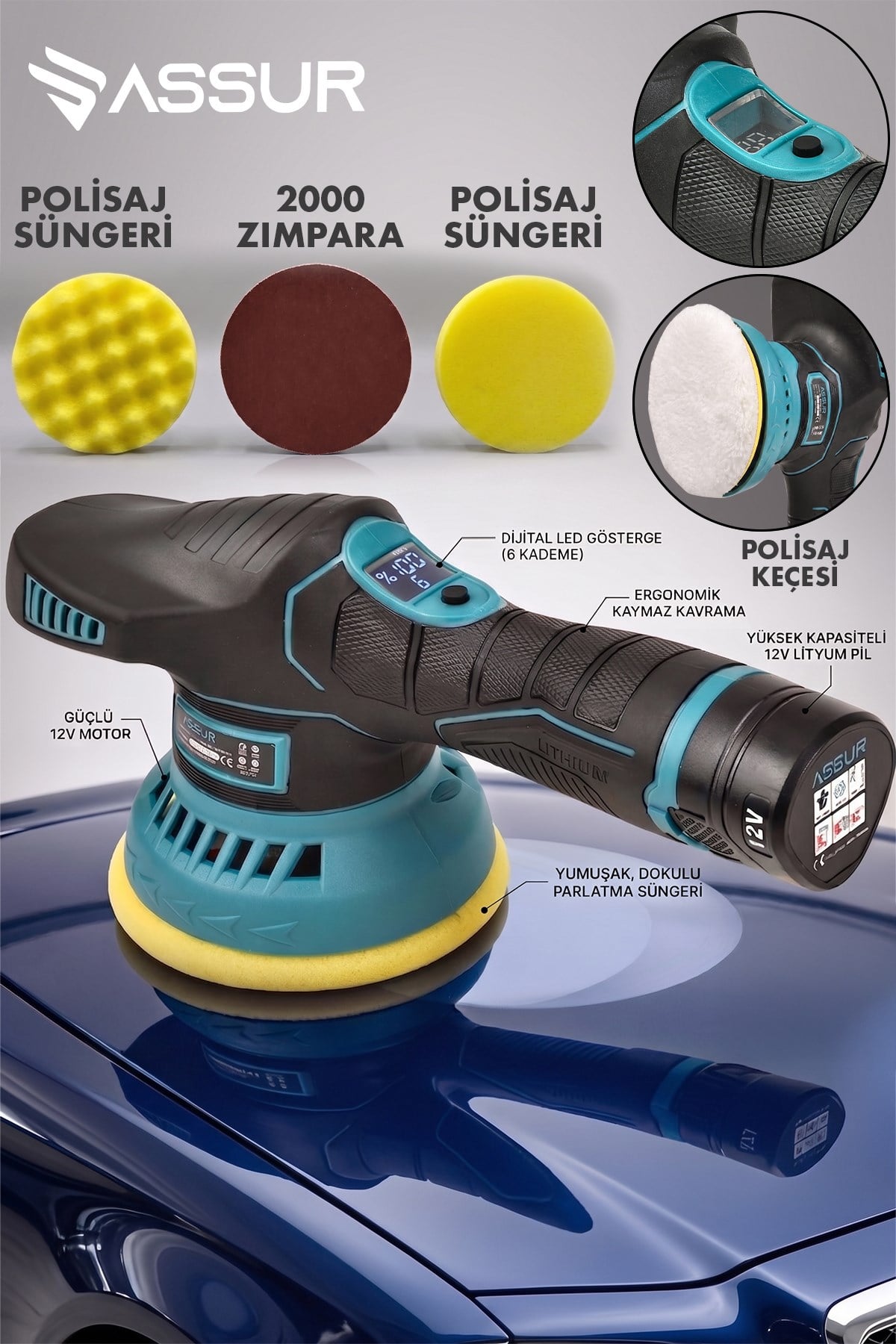 Assur 12V Orbital 6 Kademli Cila Pasta Parlatma Polisaj Makinesi