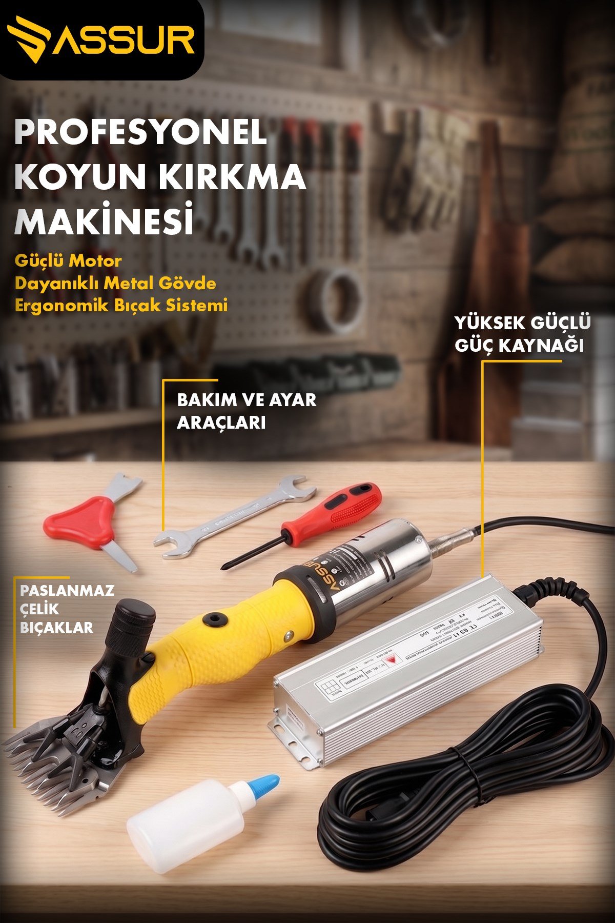 Assur 200W Elektrikli Metal Şanzımanlı Çelik Bıçaklı Profesyonel Koyun Keçi Kırkma Makinesi