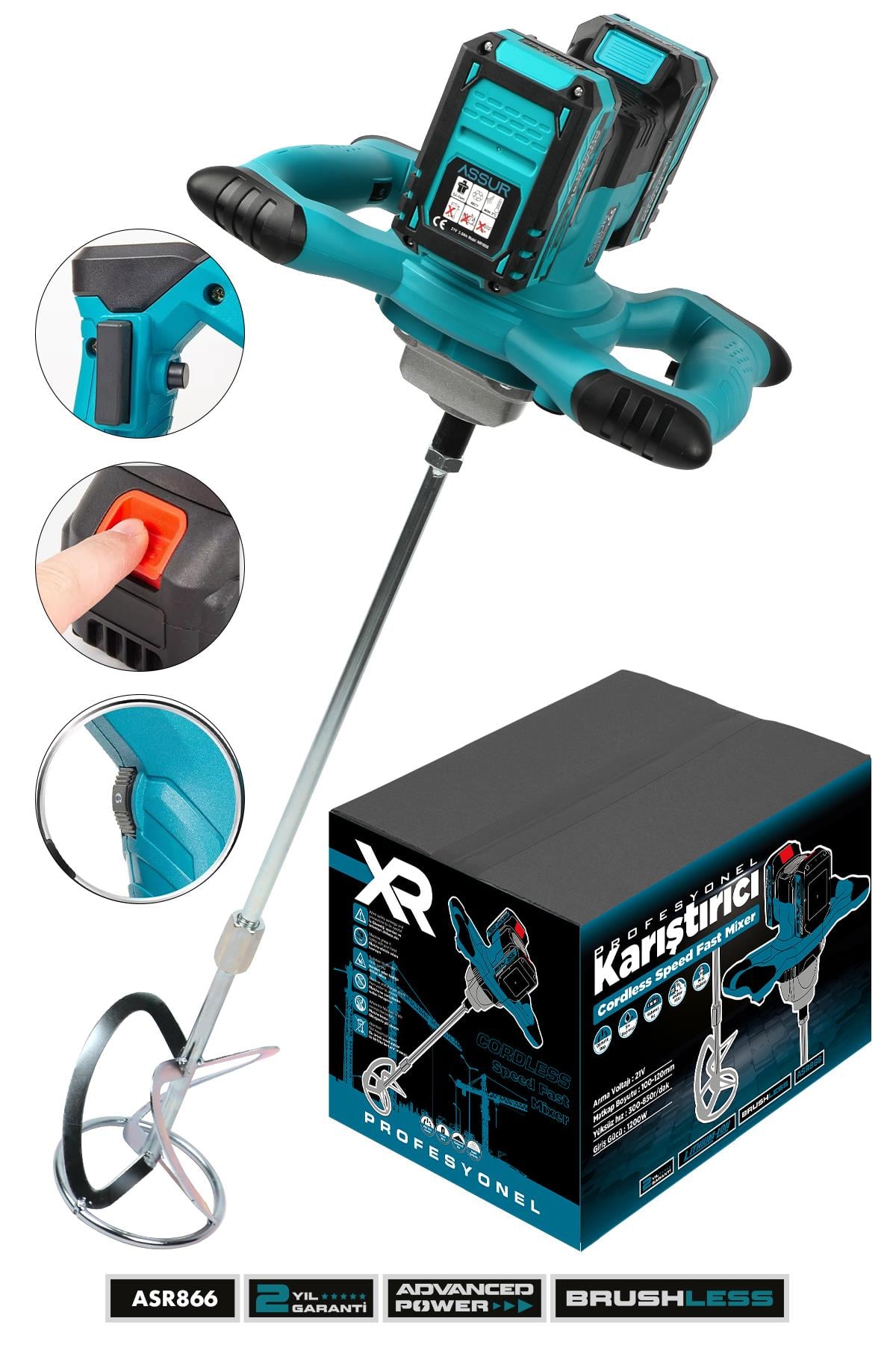 Assur 21V 1200W Çift Akülü Kablosuz Karıştırıcı Mikser Şarjlı Harç, Boya ve Alçı Karıştırma Makinesi