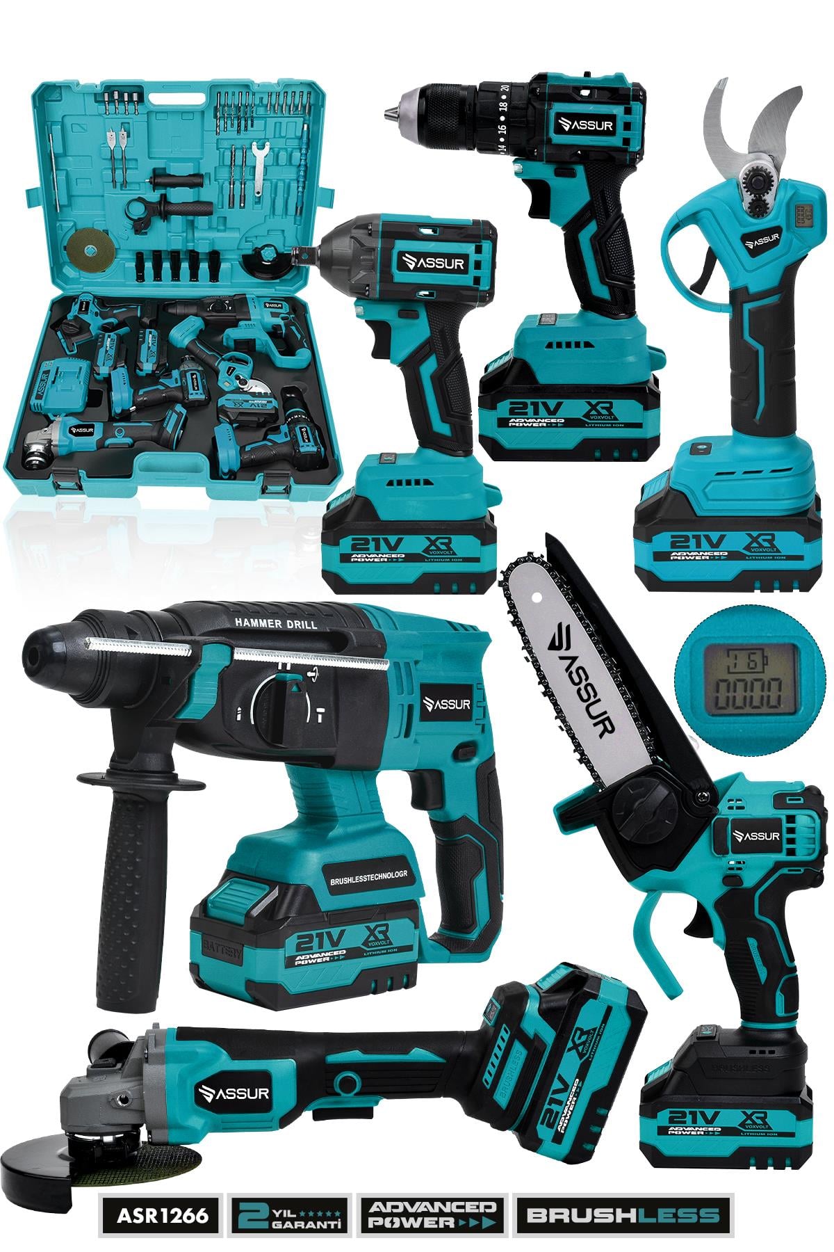 ASSUR 21V 6'lı Set Kırıcı/Delici Hilti, Taşlama, Somun Sıkma, Budama