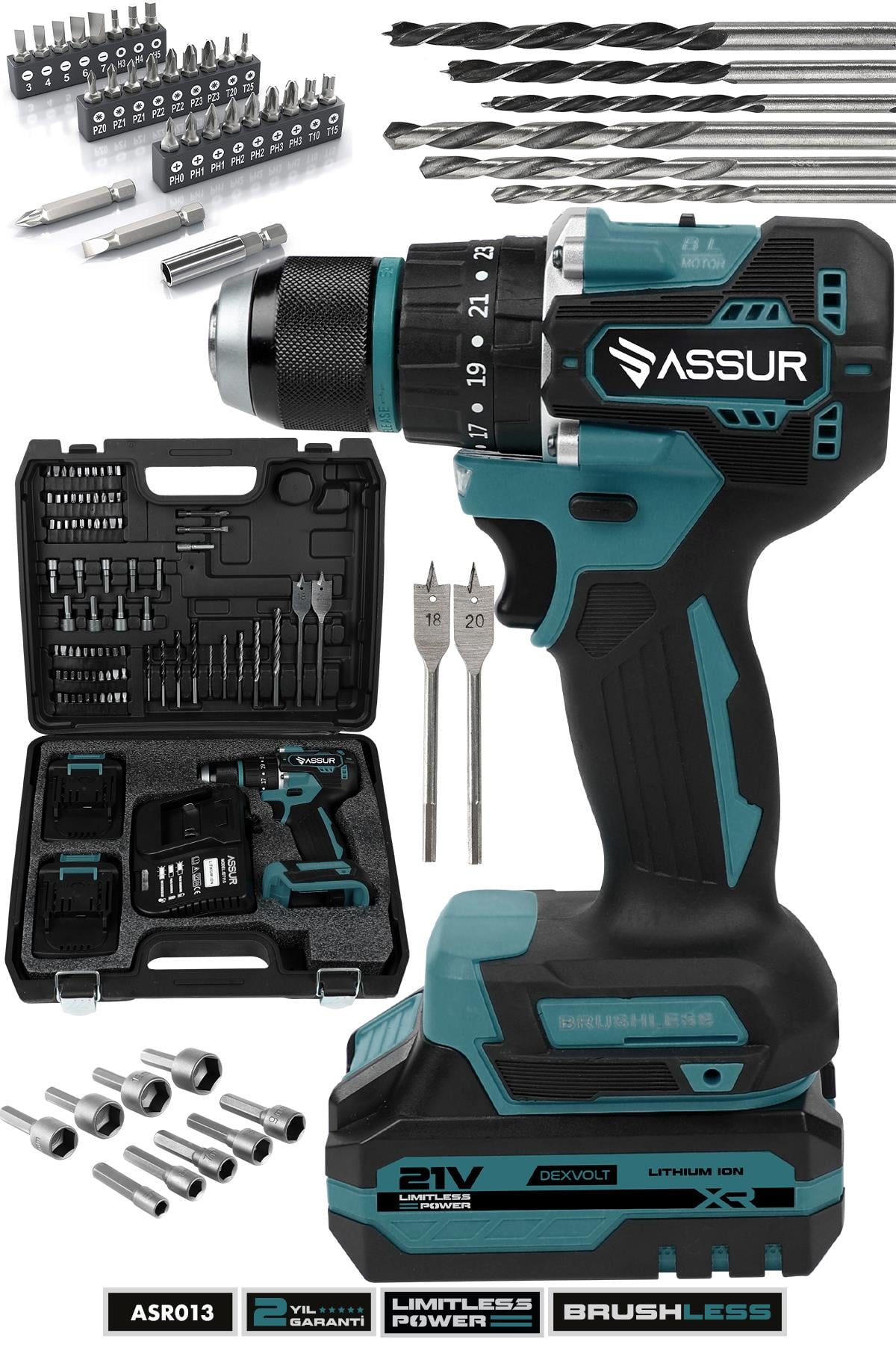 Assur 21V Çift Akü Kömürsüz Motor Çelik Mandren Darbeli Akülü Vidalama Şarjlı Matkap