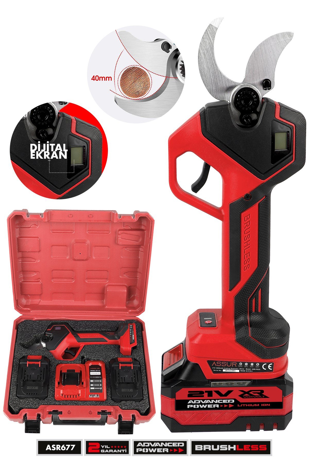 ASSUR 21V Çift Akülü 40 mm Ağaç Odun Dal Kesme Makinesı Şarjlı Dijital Budama Makası Kırmızı