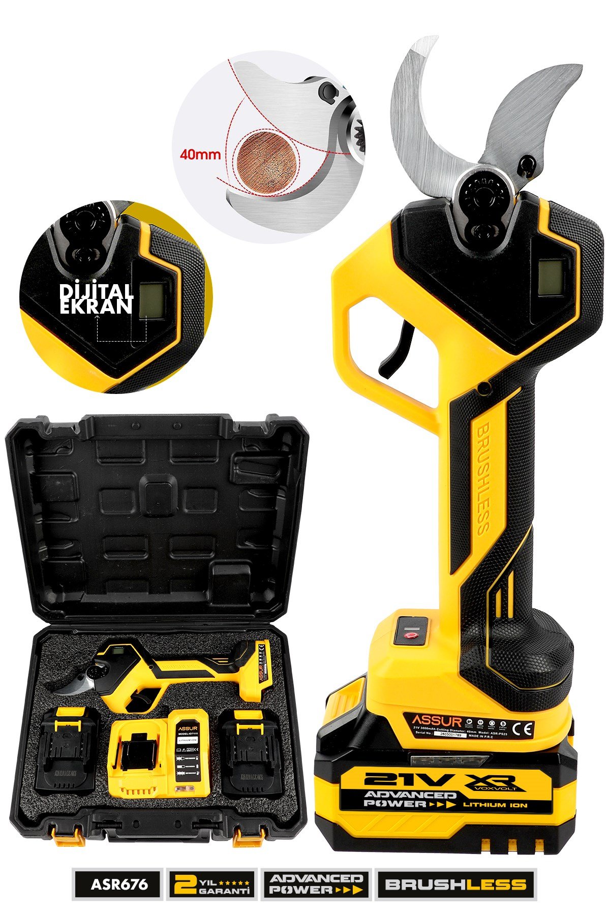 ASSUR 21V Çift Akülü 40 mm Ağaç Odun Dal Kesme Makinesı Şarjlı Dijital Budama Makası Sarı
