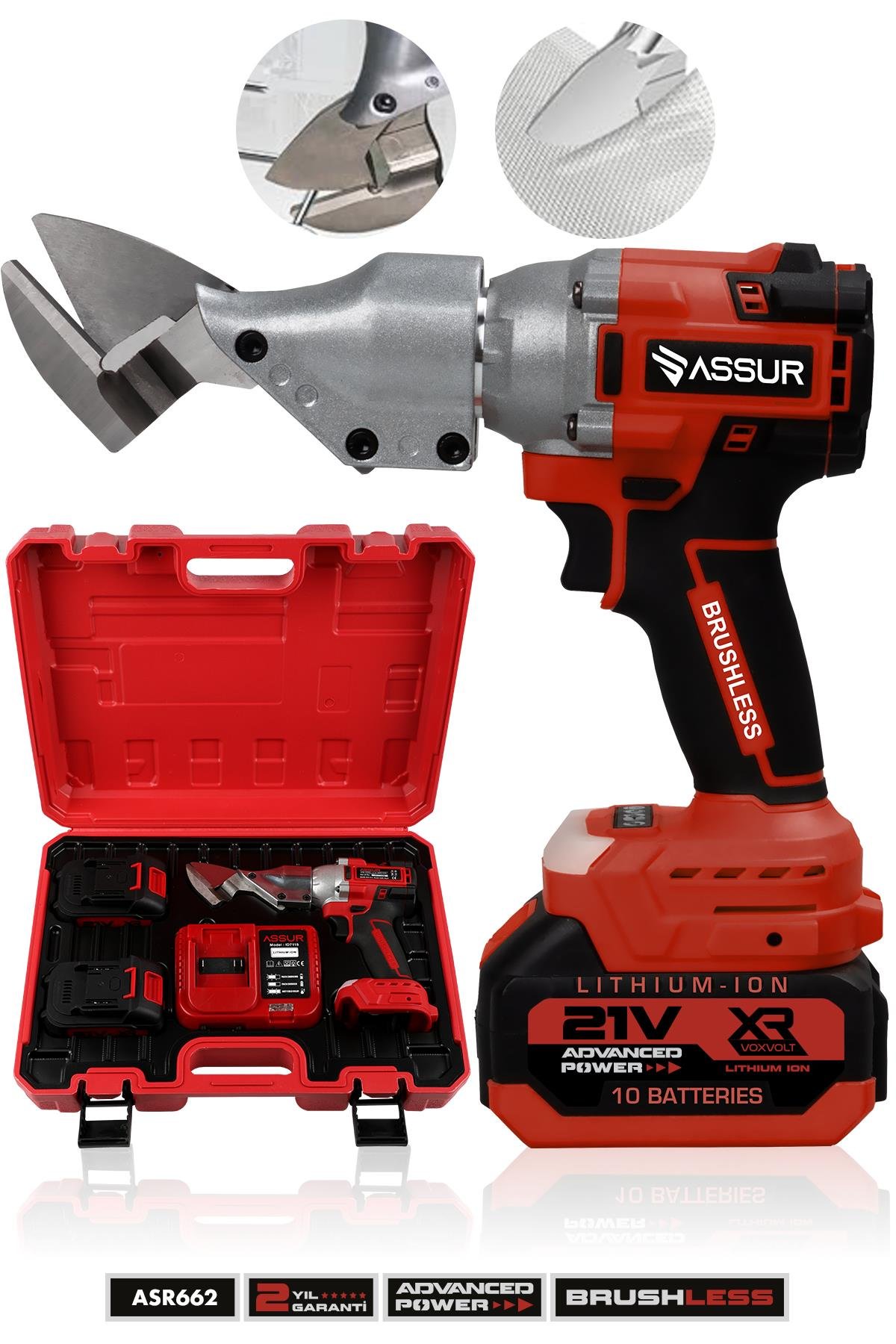 Assur 21V Kömürsüz Motor Akülü Sac Makası Seti - Çift Akülü Çantalı Metal & Tel & Sac Kesim Makası