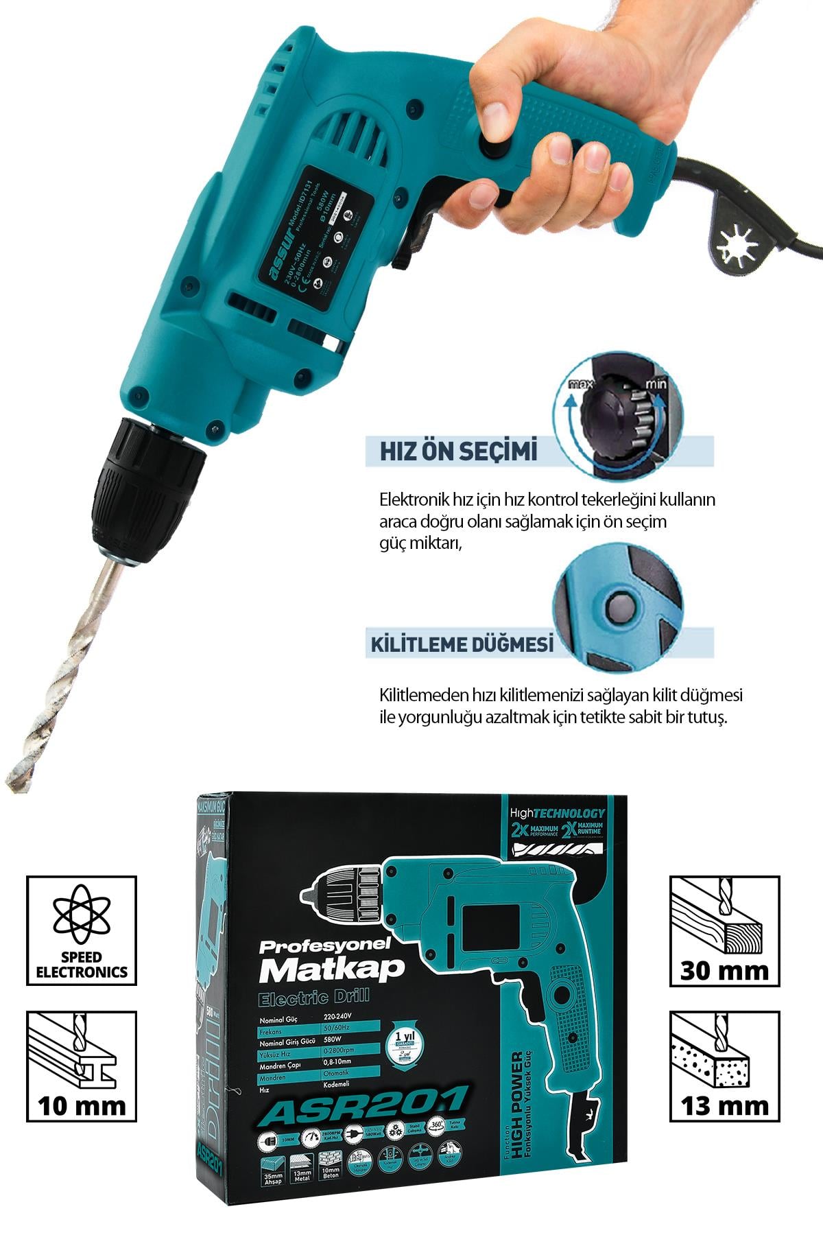 Assur 240V 60Hz Profesional 580W Metal Şanzıman 10mm Elektrikli Matkap