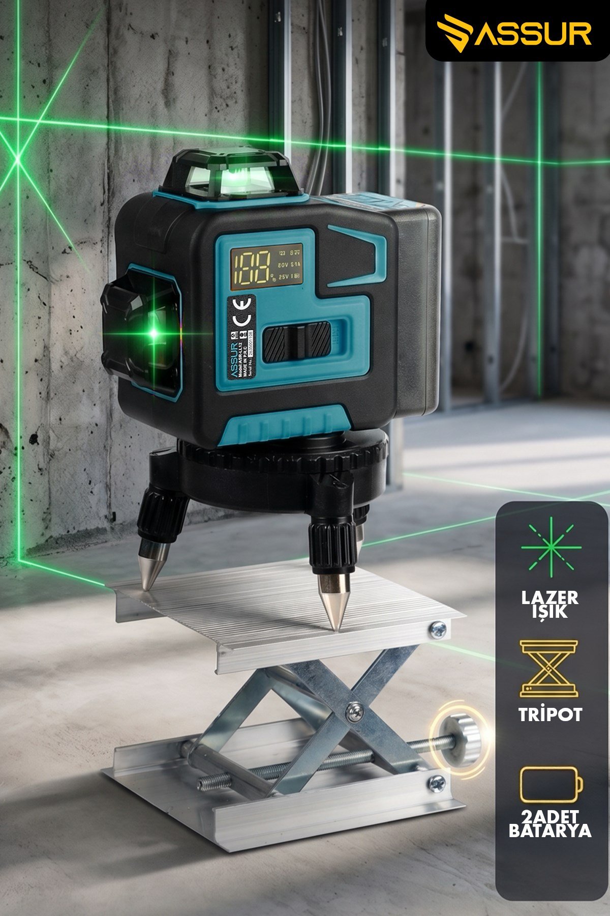 Assur 360° 12 Köşe Otomatik Hizalamalı Yeşil Çizgili Su Terazili Lazer Metre Hizalama