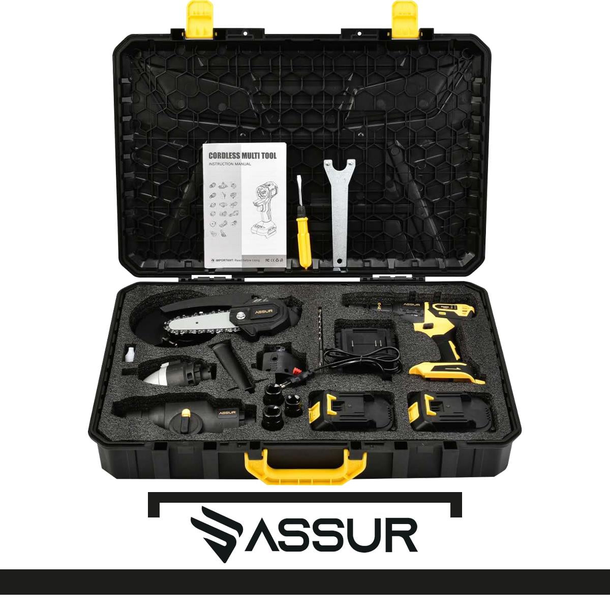 Assur 5 Başlıklı Set 21 Çift Akülü Vidalama + Budama Testeresi + Taşlama + Tilki Kuyruğu + Somun Sıkma